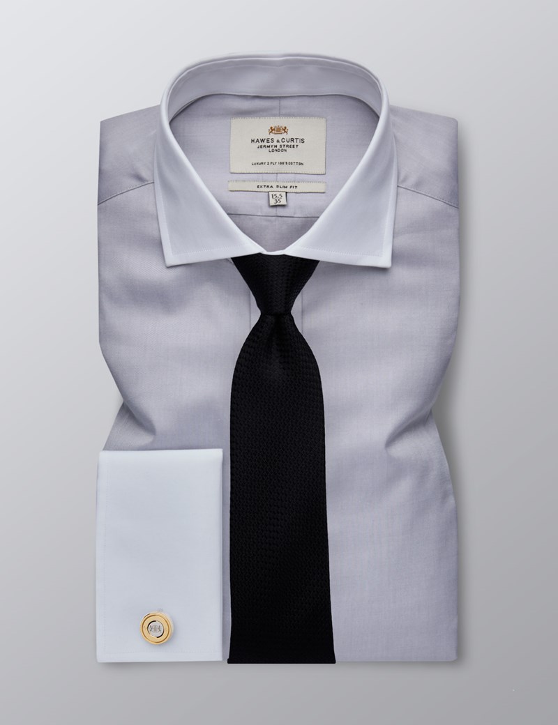 Men's Dress Grey Fine Twill Extra Slim Fit Shirt - French Cuff - Easy ...