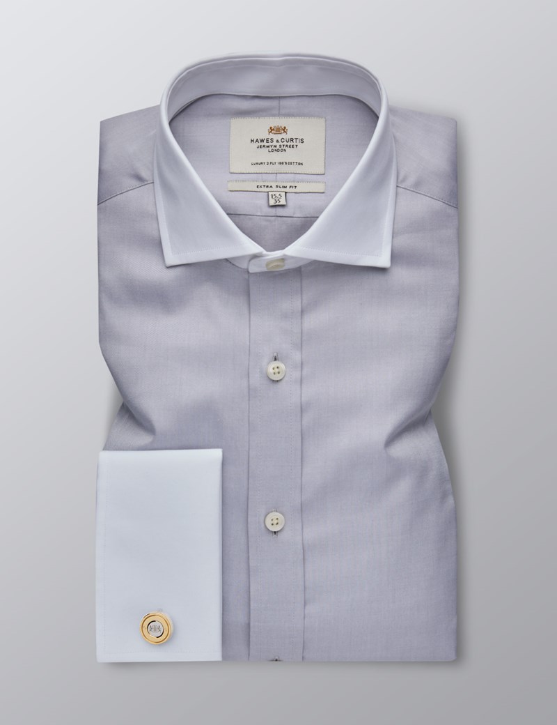 Men's Dress Grey Fine Twill Extra Slim Fit Shirt - French Cuff - Easy ...