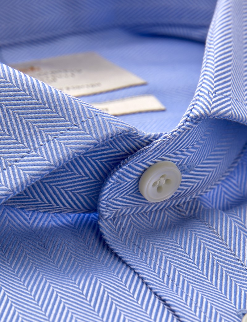 Mens Blue Herringbone Twill Dress Shirt Business Frog French Cuffs Spread Collar