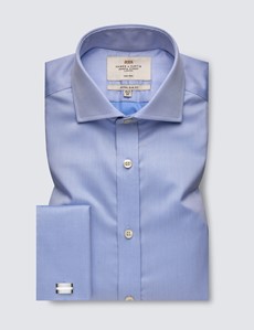 Men's Dress Blue Twill Extra Slim Fit Shirt - Windsor Collar - French Cuff - Non Iron
