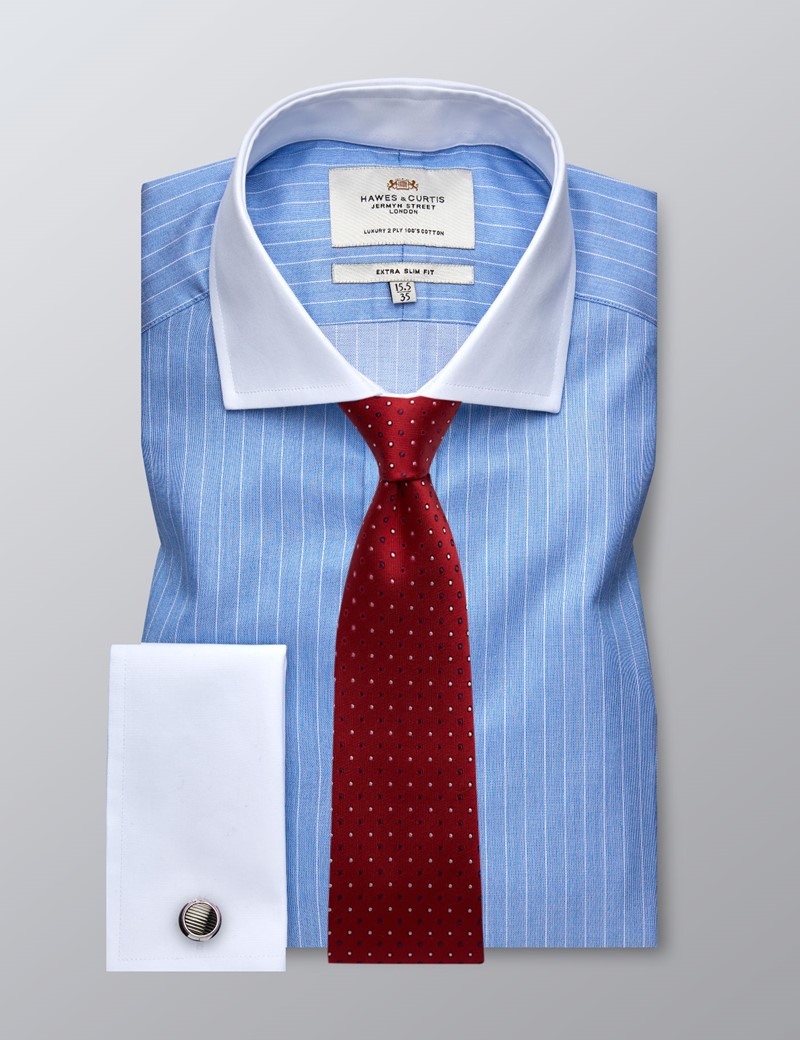 White Windsor Collar Light Blue Stripe Dress Shirt Luxury Mens Business Top 
