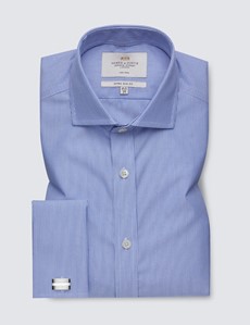 Men's Dress Blue & White Fine Stripe Extra Slim Fit Shirt - French Cuff - Windsor Collar - Non Iron