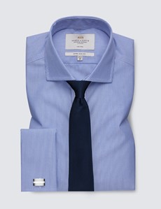 Men's Business Blue & White Fine Stripe Extra Slim Fit Shirt - Double Cuff - Windsor Collar - Non Iron