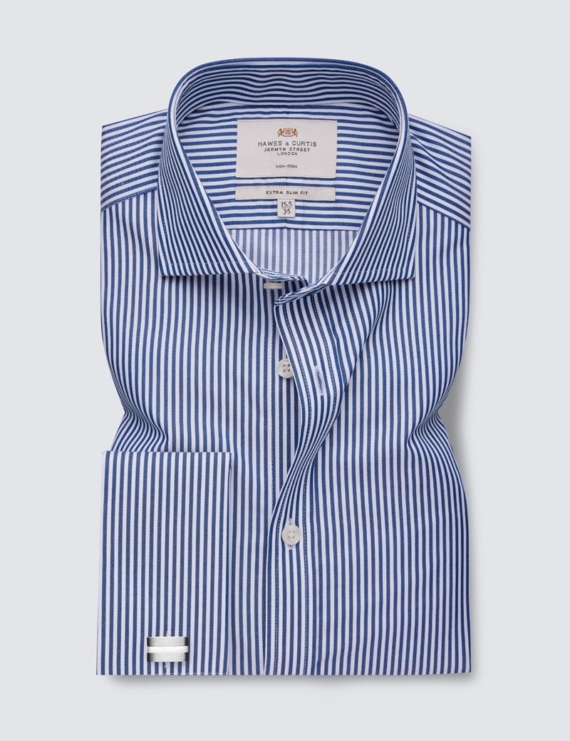 Non Iron Navy & White Stripe Extra Slim Fit Shirt - Double Cuff - Windsor Collar