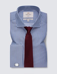 Non Iron Navy & White Stripe Extra Slim Fit Shirt - Double Cuff - Windsor Collar