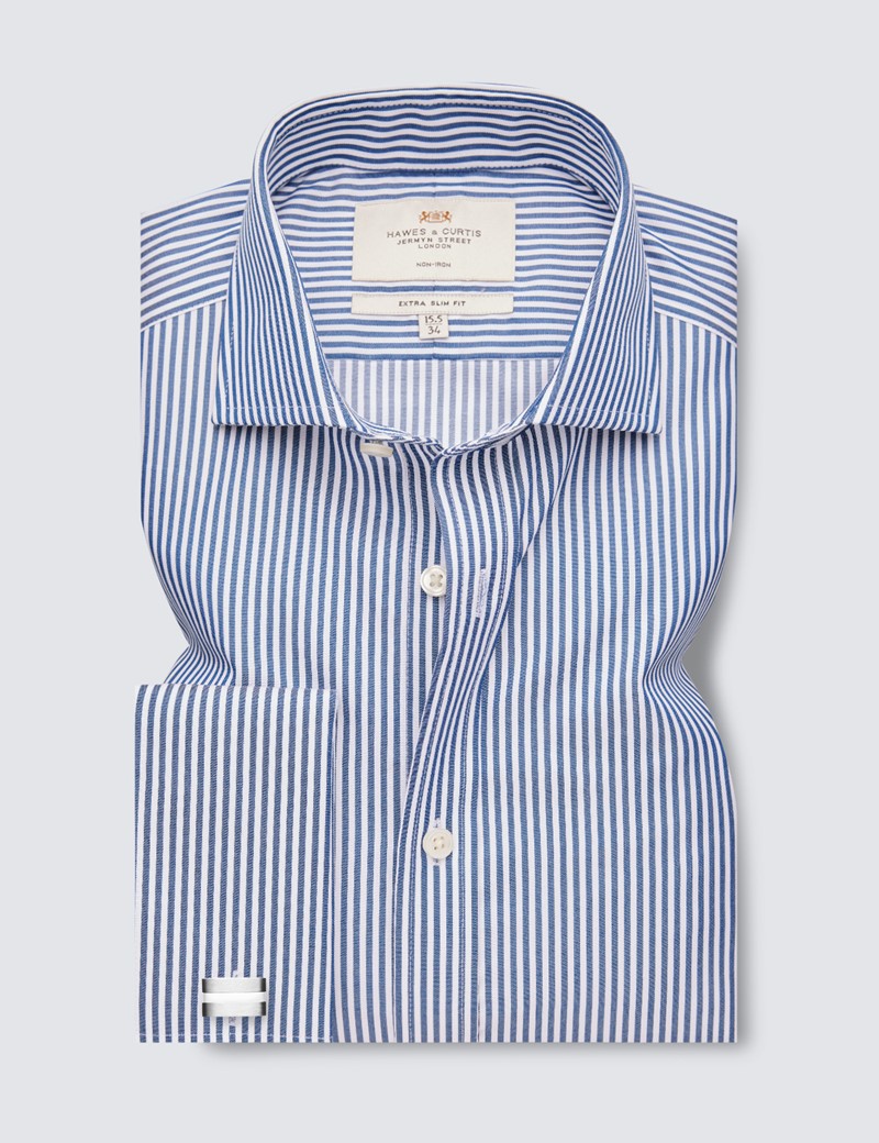 Bügelfreies Businesshemd – Extra Slim Fit – Manschetten – blau weiß feine Streifen