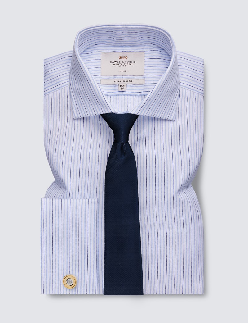 Non Iron Blue & White Multi Stripe Extra Slim Fit Shirt With Semi Cutaway - Double Cuffs 