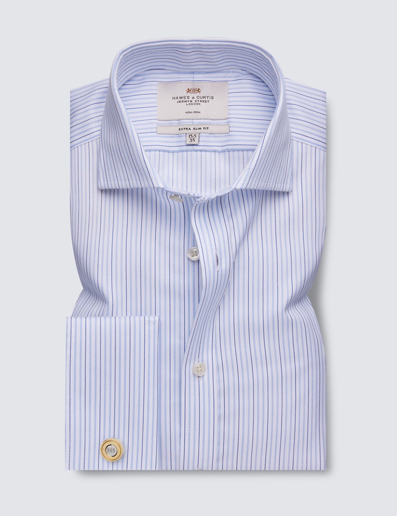 Non Iron Blue & White Multi Stripe Extra Slim Fit Shirt With Semi Cutaway - Double Cuffs 