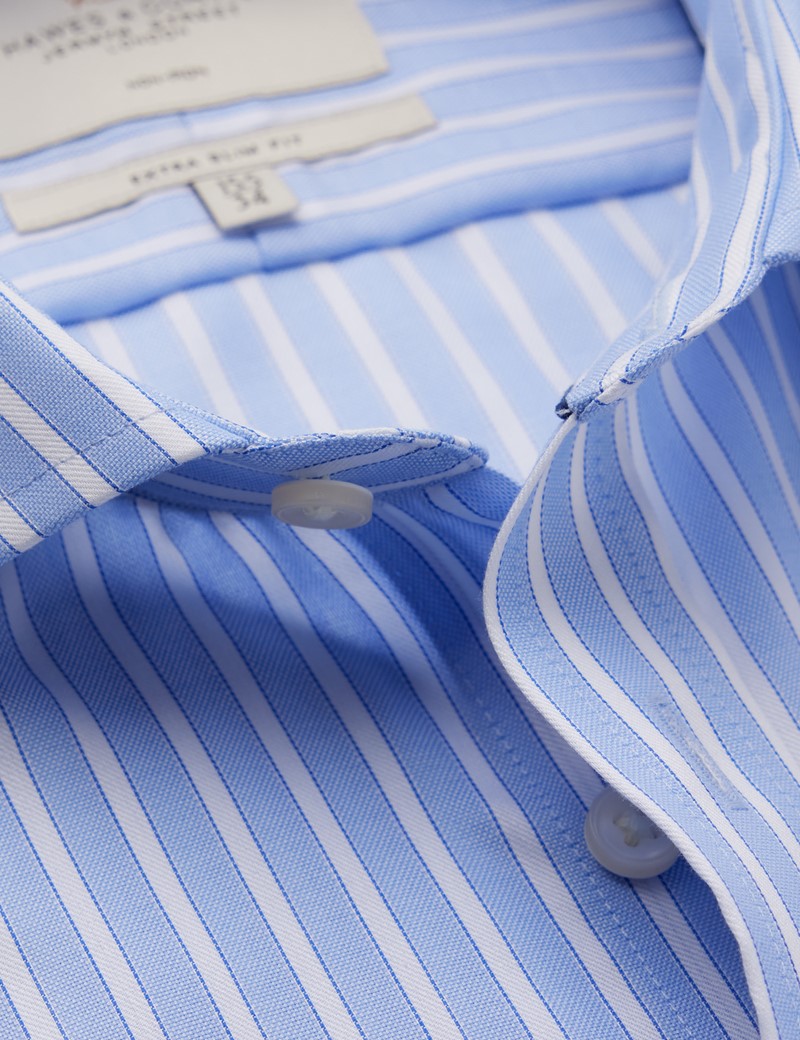 Non Iron Blue & White Stripe Extra Slim Fit Shirt With Windsor Collar - Double Cuffs