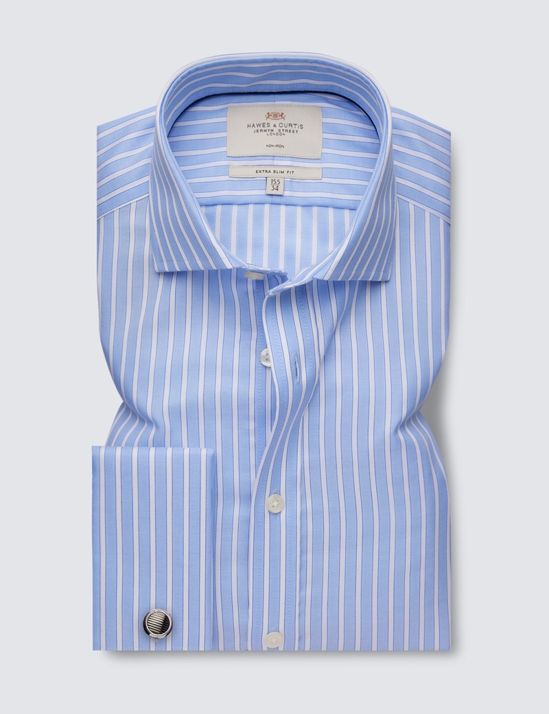 Non Iron Blue & White Stripe Extra Slim Fit Shirt With Windsor Collar - Double Cuffs
