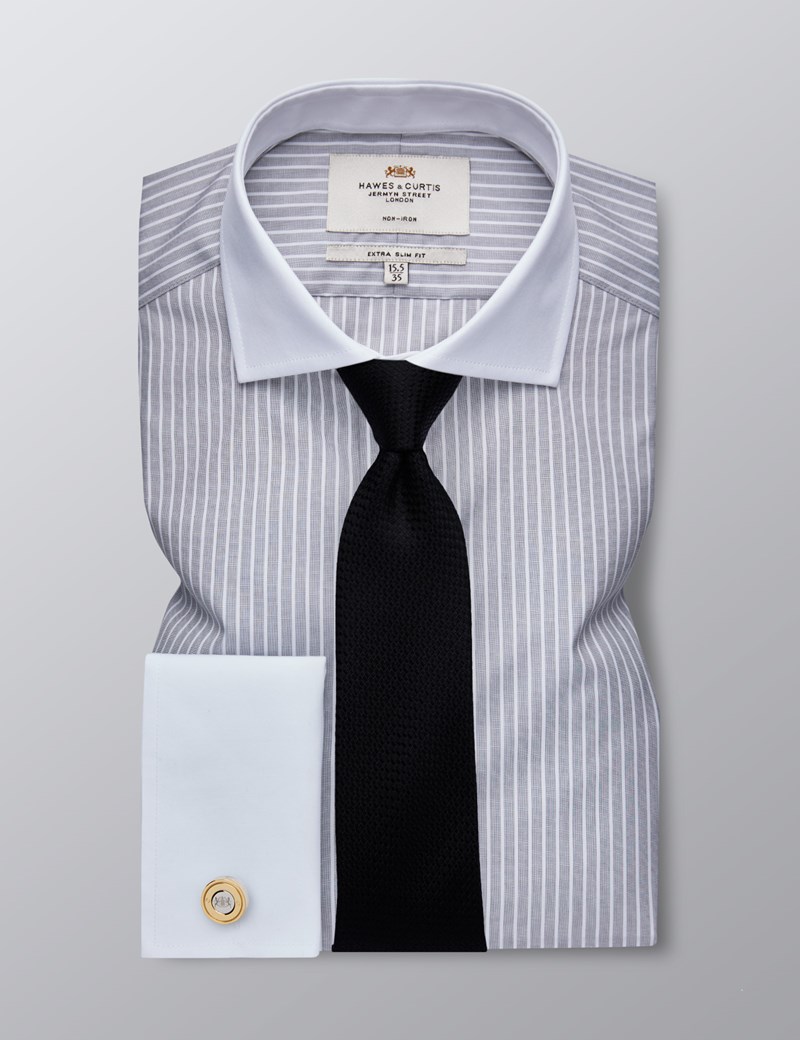 Men's Dress Grey & White Stripe Extra Slim Fit Shirt - French Cuff ...