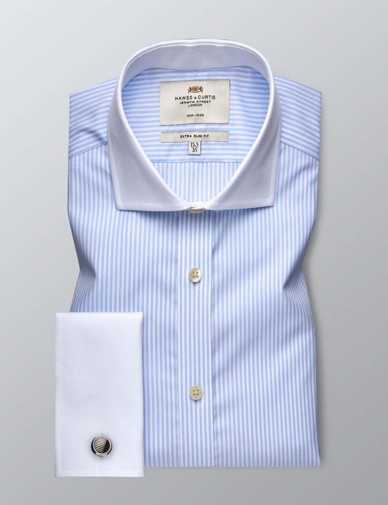 Men's Formal Blue & White Bengal Stripe Extra Slim Fit Shirt - Double ...