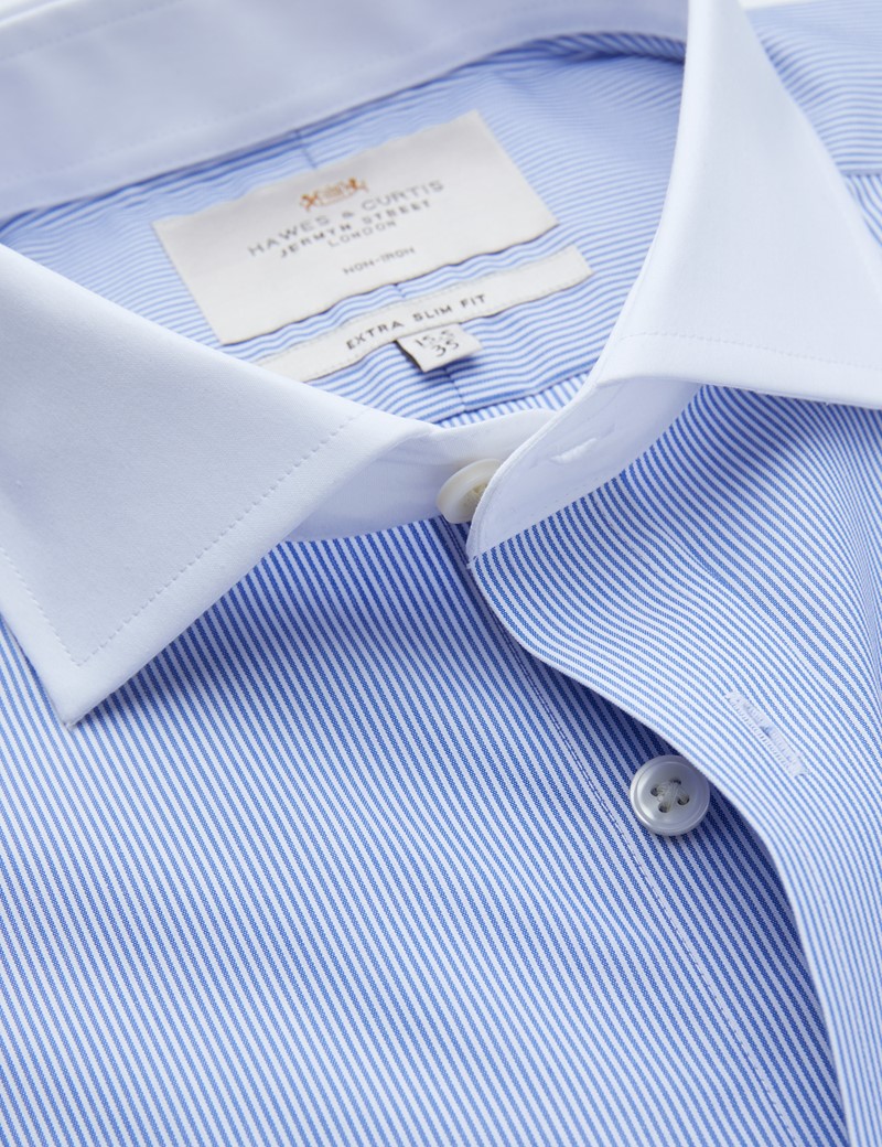 Non Iron Blue & White Fine Stripe Extra Slim Fit Shirt - Double Cuffs - Windsor Collar