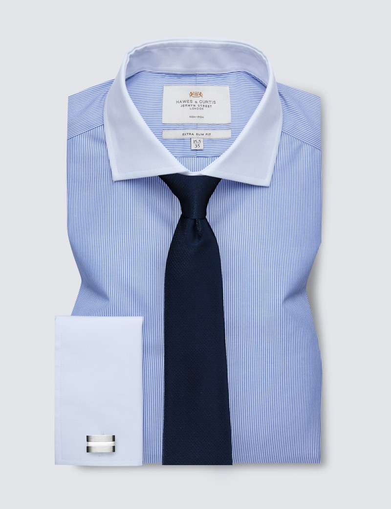 Non Iron Blue & White Fine Stripe Extra Slim Fit Shirt - Double Cuffs - Windsor Collar