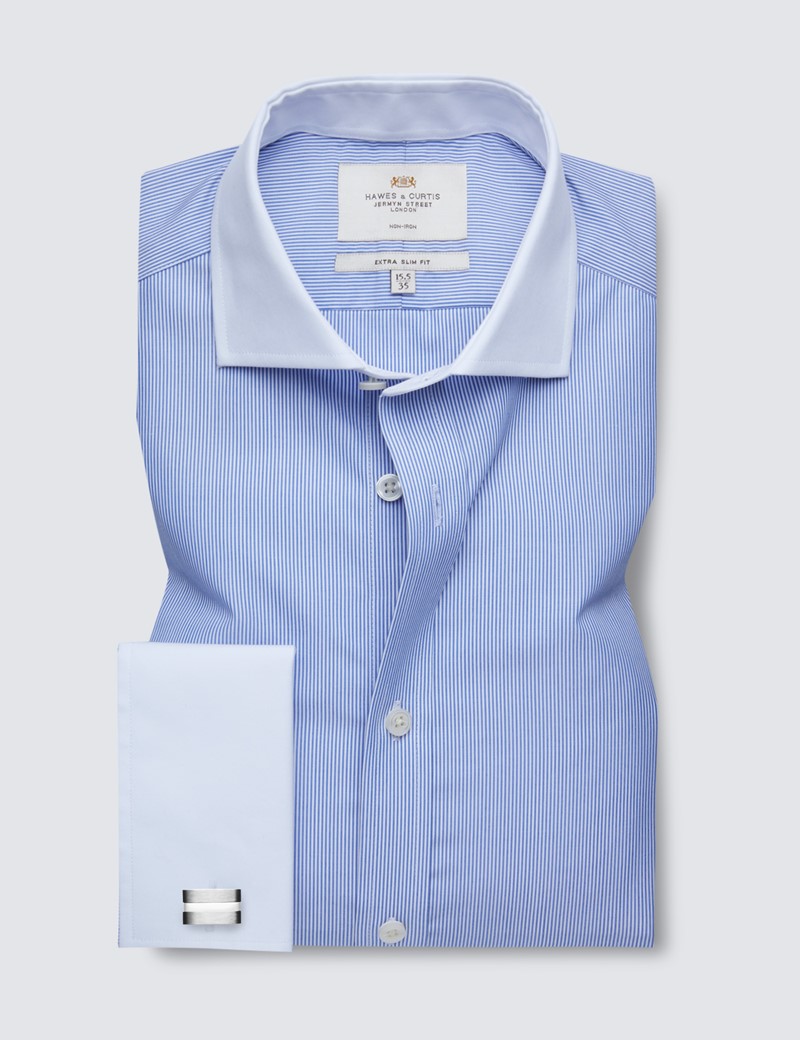 Non Iron Blue & White Fine Stripe Extra Slim Fit Shirt - Double Cuffs - Windsor Collar