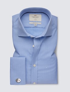 Non Iron Blue & Navy Fabric Interest Extra Slim Fit Shirt With Windsor Collar - Double Cuffs