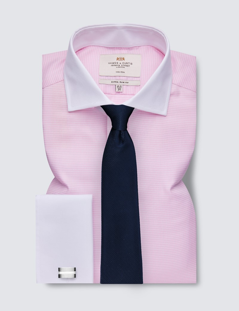 Non Iron Pink & White Dogstooth Extra Slim Fit Shirt WIth Windsor Collar - Double Cuffs