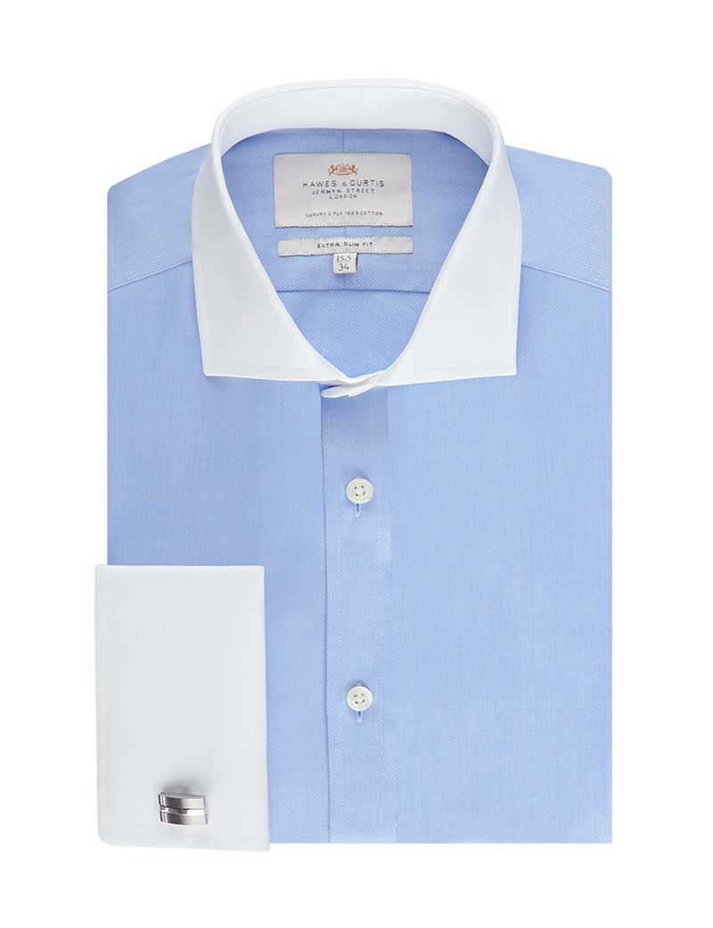 Men's Blue Extra Slim Fit Double Cuff Shirt White Collar and Cuff