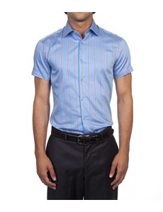 Men's Blue & Red Wide Stripe Extra Slim Fit Shirt - Short Sleeve
