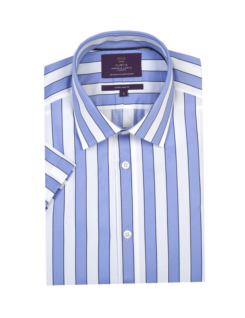 Men's Lilac & White Wide Stripe Extra Slim Fit Cotton Shirt - Short Sleeve