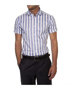 Men's Lilac & White Wide Stripe Extra Slim Fit Cotton Shirt - Short Sleeve