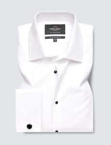 Easy Iron White Waffle Design Relaxed Slim Fit Evening Shirt With Windsor Collar - Double Cuffs