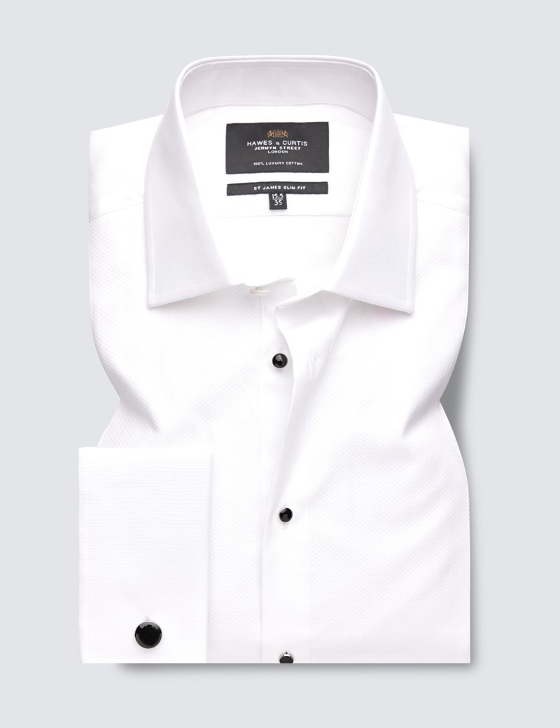 Easy Iron White Waffle Design Relaxed Slim Fit Evening Shirt With Semi Cutaway Collar - Double Cuffs
