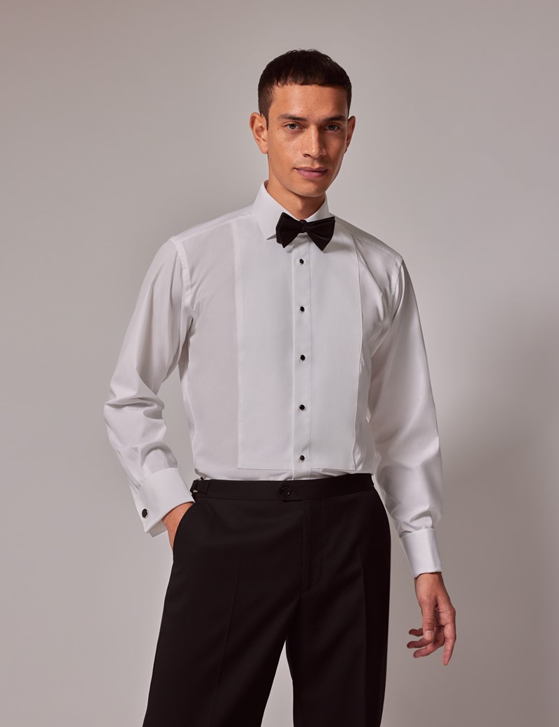 Men's White Waffle Design Slim Evening Shirt - Double Cuff