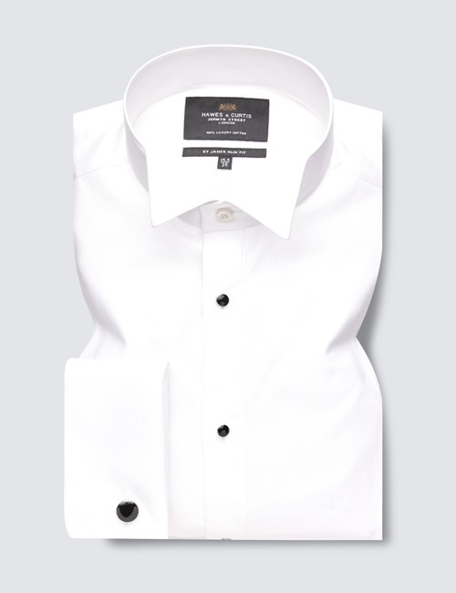 Men's Formal White Waffle Slim Fit Evening Shirt With Wing Collar - Double Cuffs