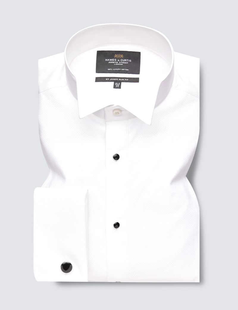 Men's White Waffle Slim Fit Evening Shirt - Wing Collar - French Cuff - Easy Iron