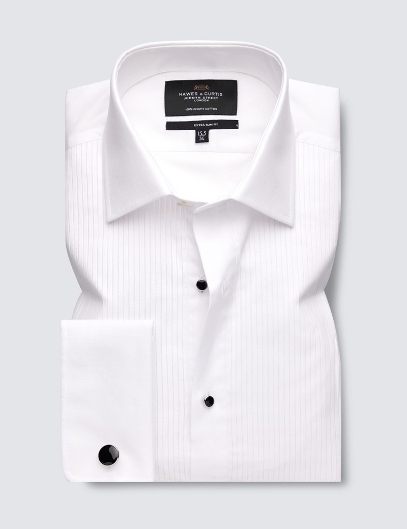 Easy Iron White Pleat Front Extra Slim Fit Evening Shirt - Double Cuffs