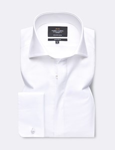 Easy Iron White Waffle Front & Concealed Placket Extra Slim Fit Evening Shirt - Double Cuffs 