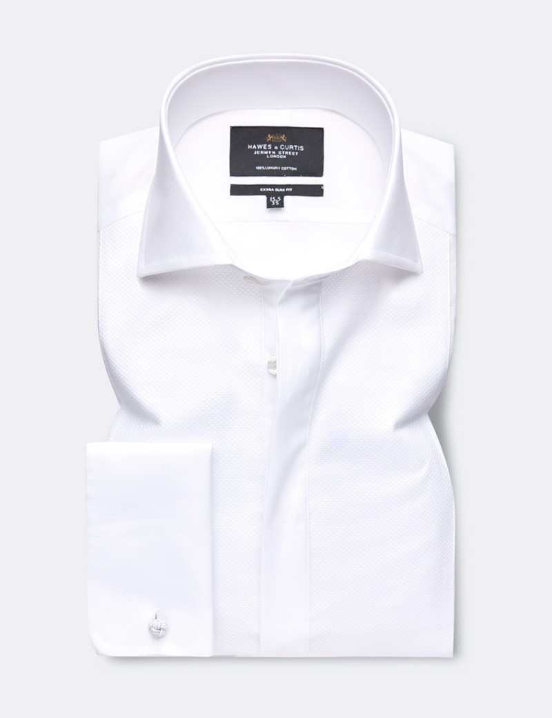 Bügelleichtes Smokinghemd – Extra Slim Fit – Kentkragen – weiß mit Waffel-Piqué Details