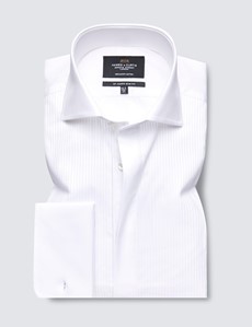 Easy Iron White Pleat Front & Concealed Placket Relaxed Slim Fit Evening Shirt - Double Cuffs 