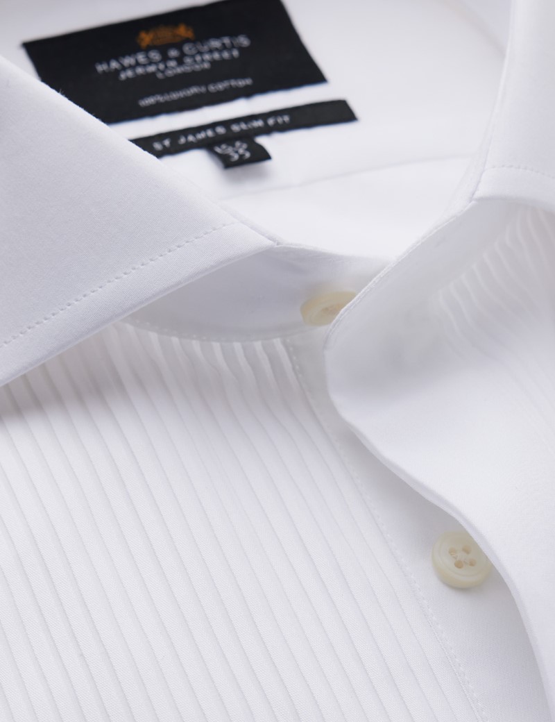 Easy Iron White Pleat Front & Concealed Placket Relaxed Slim Fit Evening Shirt - Double Cuffs 