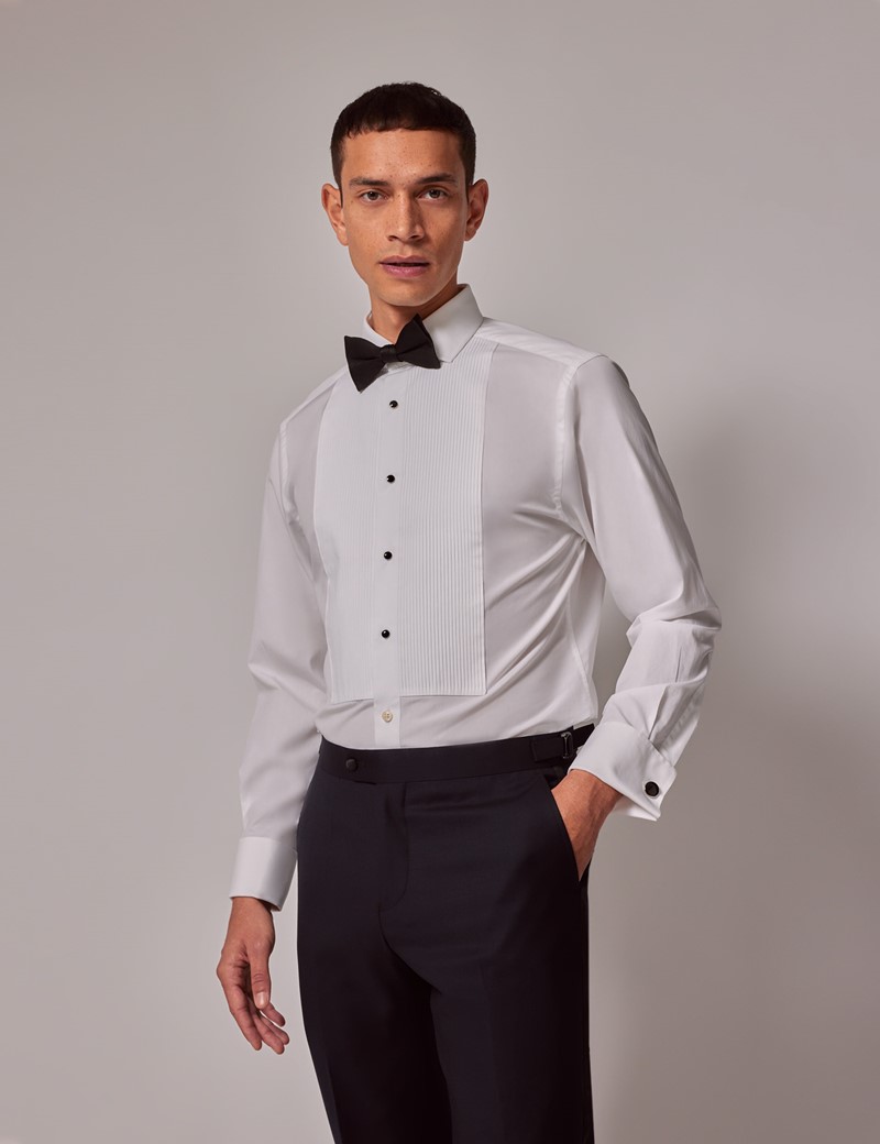 Men's White Pleat Front Extra Slim Evening Shirt - Double Cuff