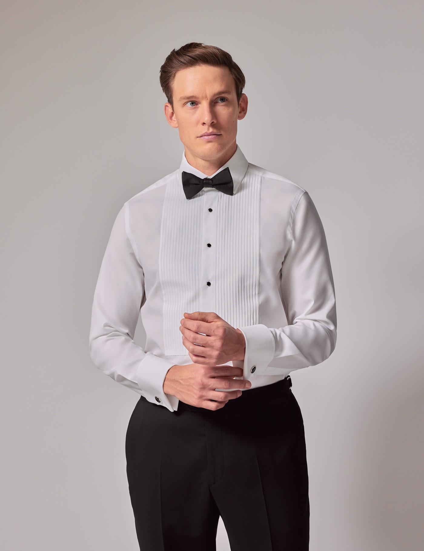 Men's White Pleat Front Fitted Slim Evening Shirt - Double Cuff | Hawes ...