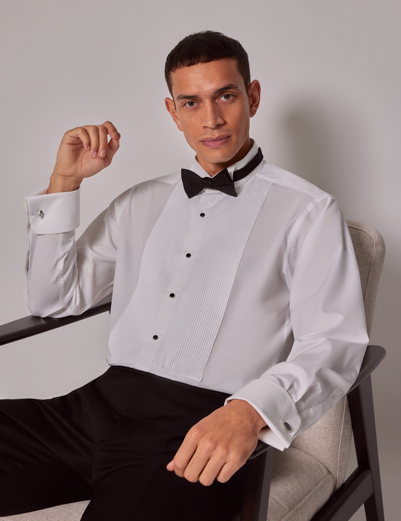 Men's White Pleat Front Slim Evening Shirt With Wing Collar - French Cuff
