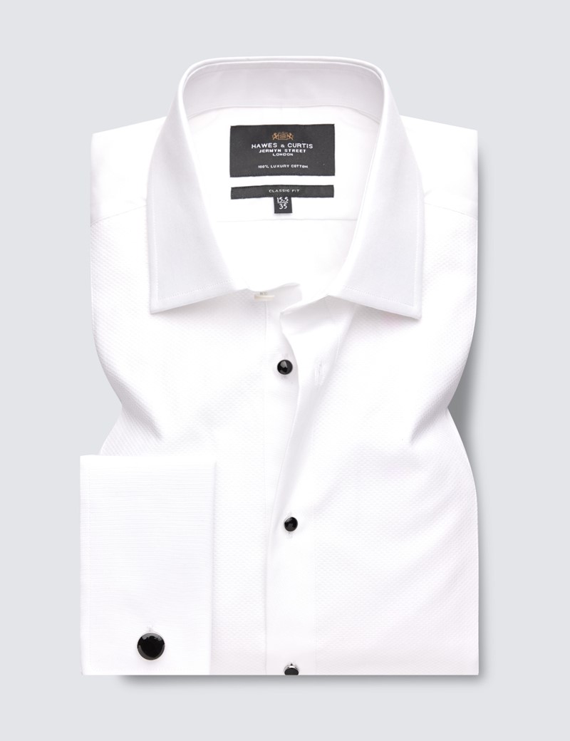 White Waffle Design Classic Fit Evening Shirt With Semi Cutaway Collar - Double Cuffs