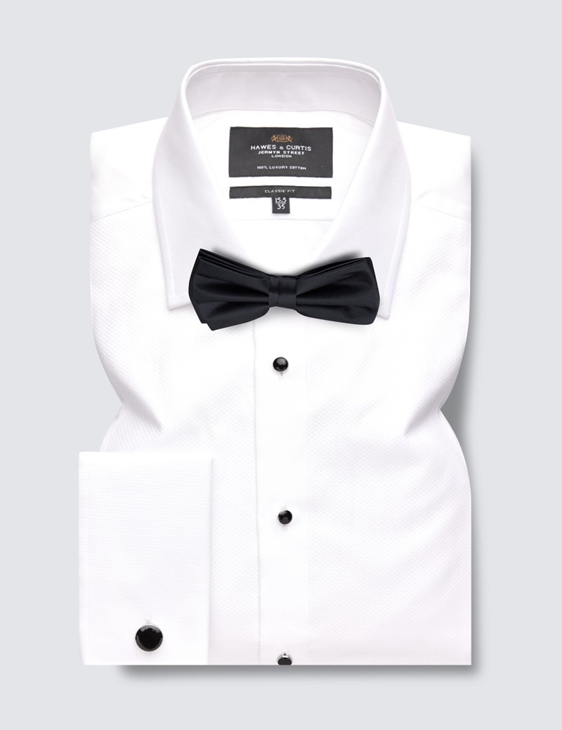 Easy Iron White Waffle Design Classic Fit Evening Shirt With Semi Cutaway Collar - Double Cuffs