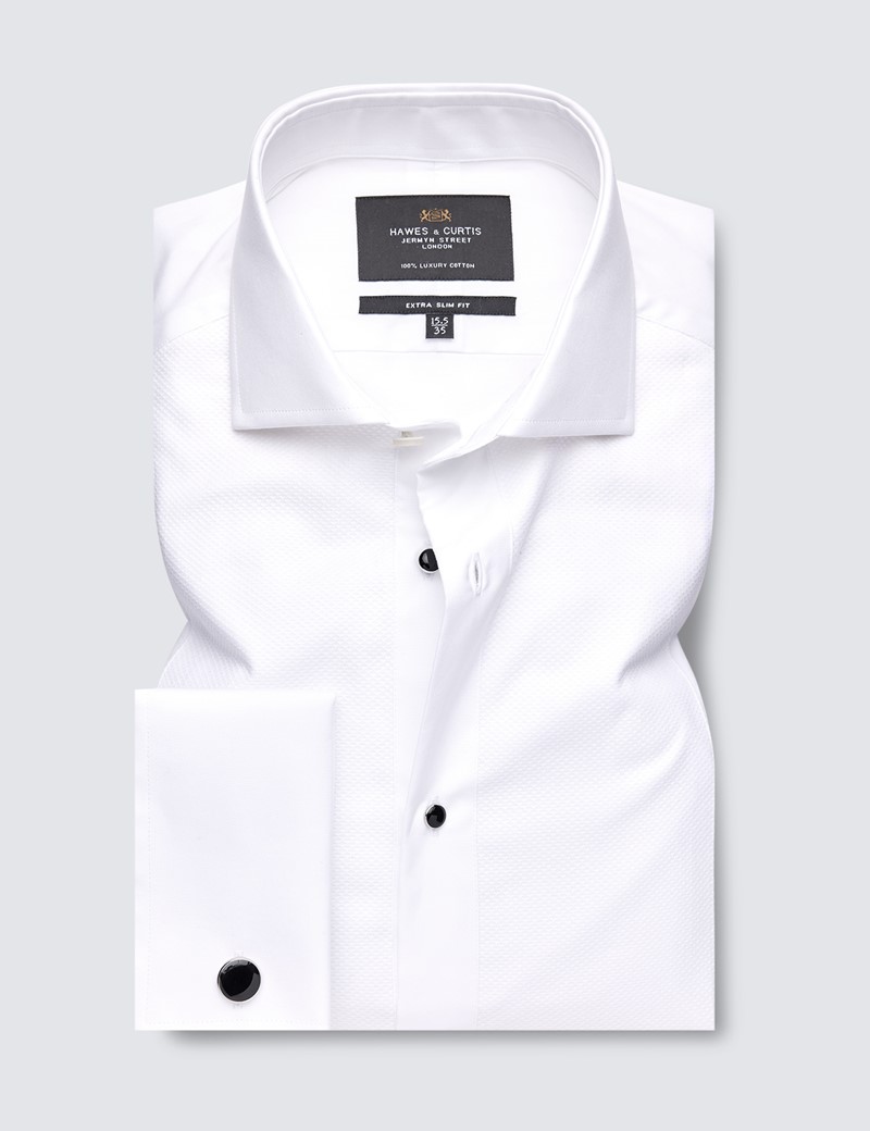 White Waffle Design Extra Slim Fit Evening Shirt With Windsor Collar - Double Cuffs