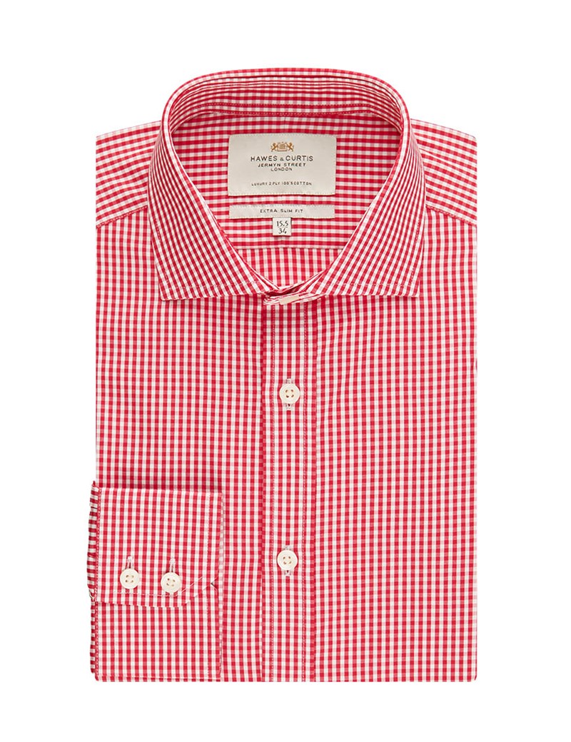 Men's Red & White Gingham Extra Slim Fit Shirt - Windsor Collar 