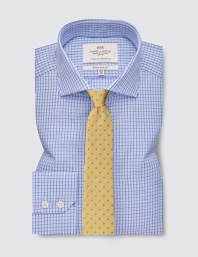 Easy Iron Blue & Navy Multi Check Extra Slim Fit Shirt With Windsor Collar - Single Cuffs