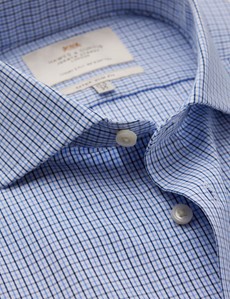 Easy Iron Blue & Navy Multi Check Extra Slim Fit Shirt With Windsor Collar - Single Cuffs