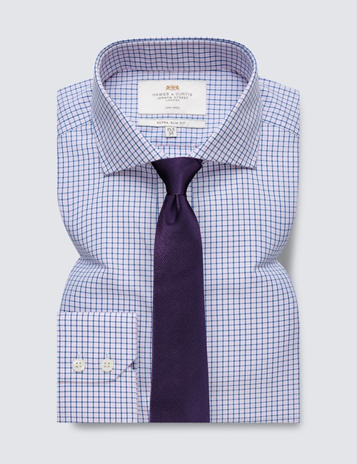 Non-Iron Navy & Pink Check Extra Slim Shirt - Windsor Collar