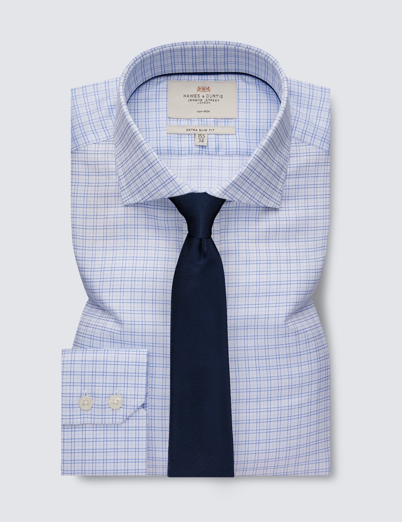 Non Iron Blue & White Multi Check Extra Slim Fit Shirt With Windsor Collar - Single Cuffs