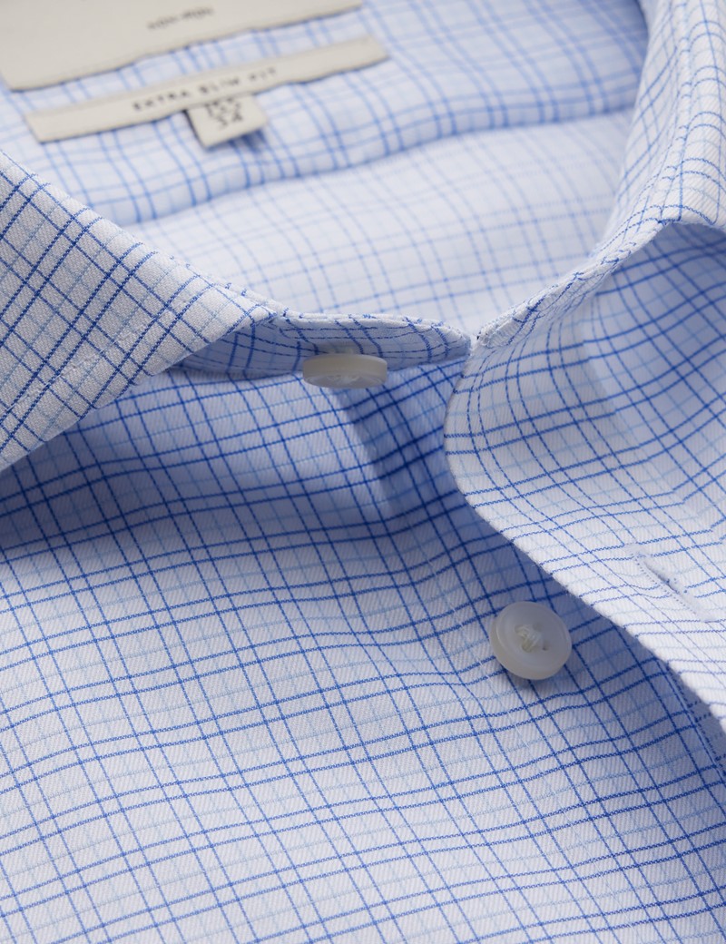Non Iron Blue & White Multi Check Extra Slim Fit Shirt With Windsor Collar - Single Cuffs