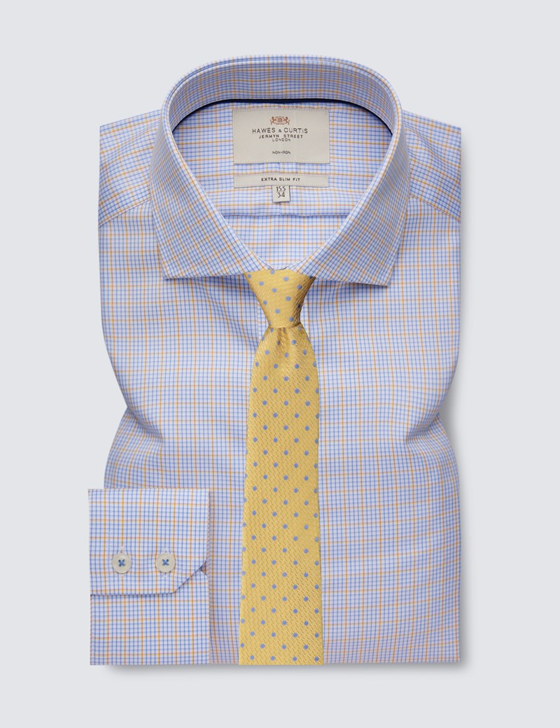Non Iron Blue & Yellow Multi Check Extra Slim Fit Shirt With Windsor Collar - Single Cuffs