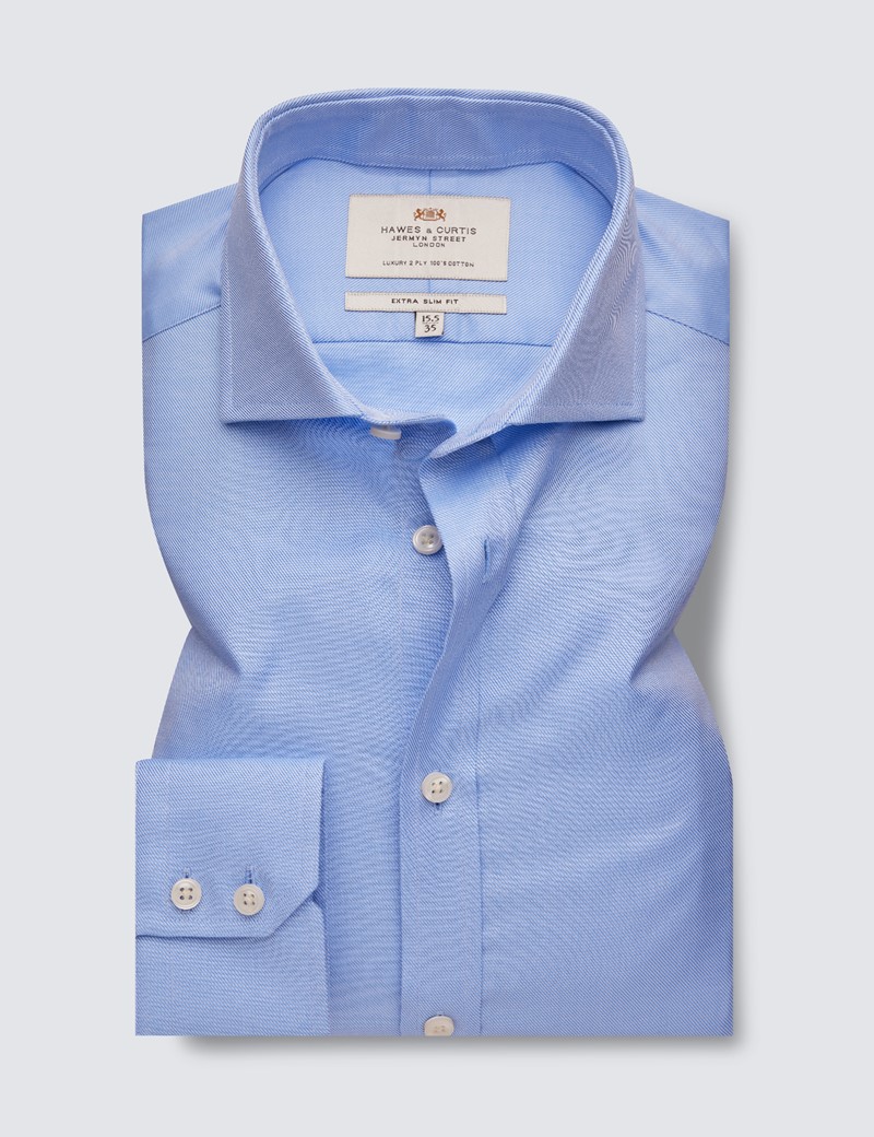 Easy Iron Blue Twill Extra Slim Fit Shirt With Windsor Collar - Single Cuffs