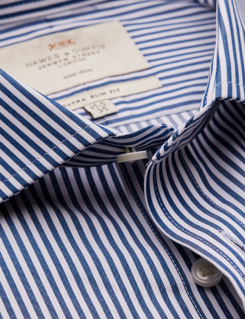 Non Iron Navy & White Stripe Extra Slim Fit Shirt With Windsor Collar - Single Cuffs